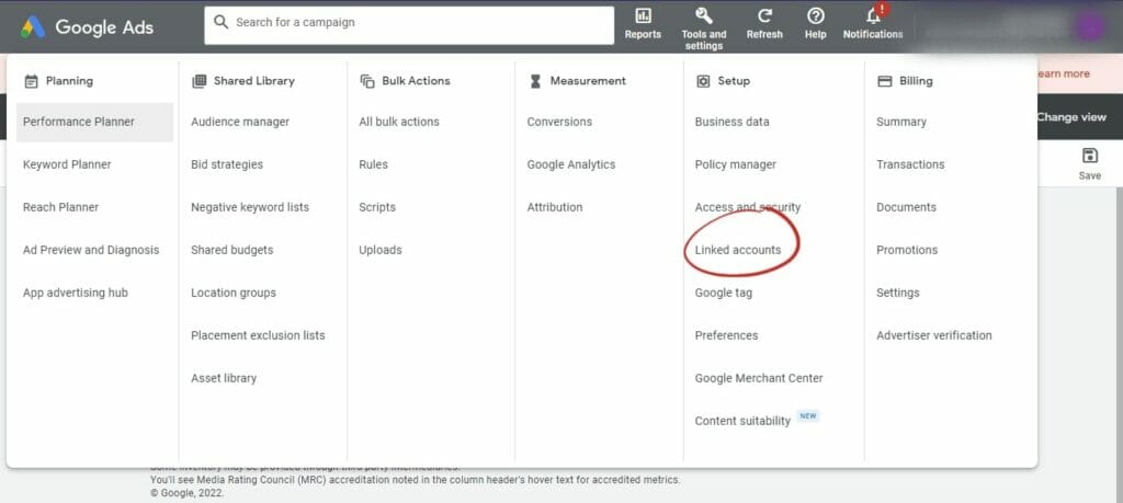 Google Ads screenshot with Linked accounts in a red circle