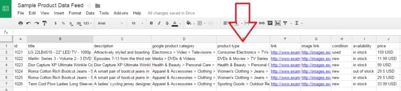 Sample product data feed